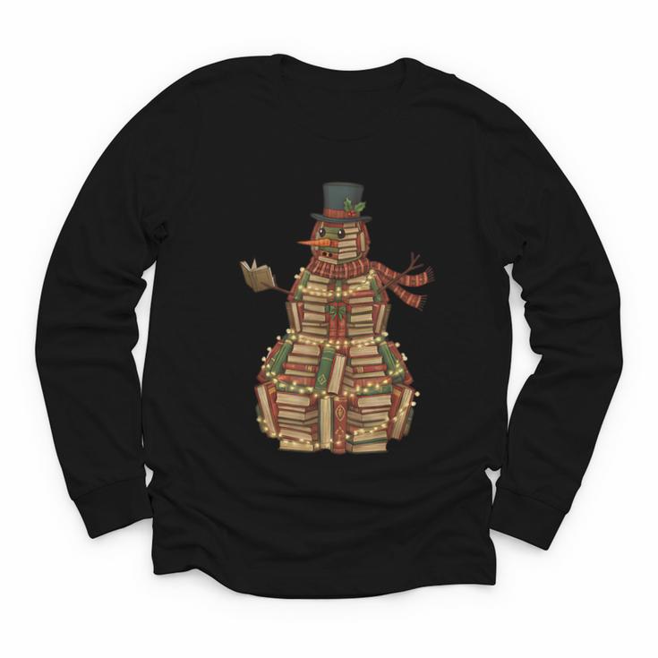 Christmas Snowman Made Of Books Holiday Reading Xmas Youth Long Sleeve Tee