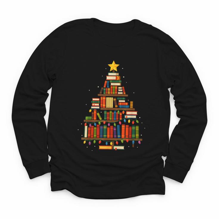 Christmas Tree Bookshelf Book Lover Library Men Women Kids Youth Long Sleeve Tee