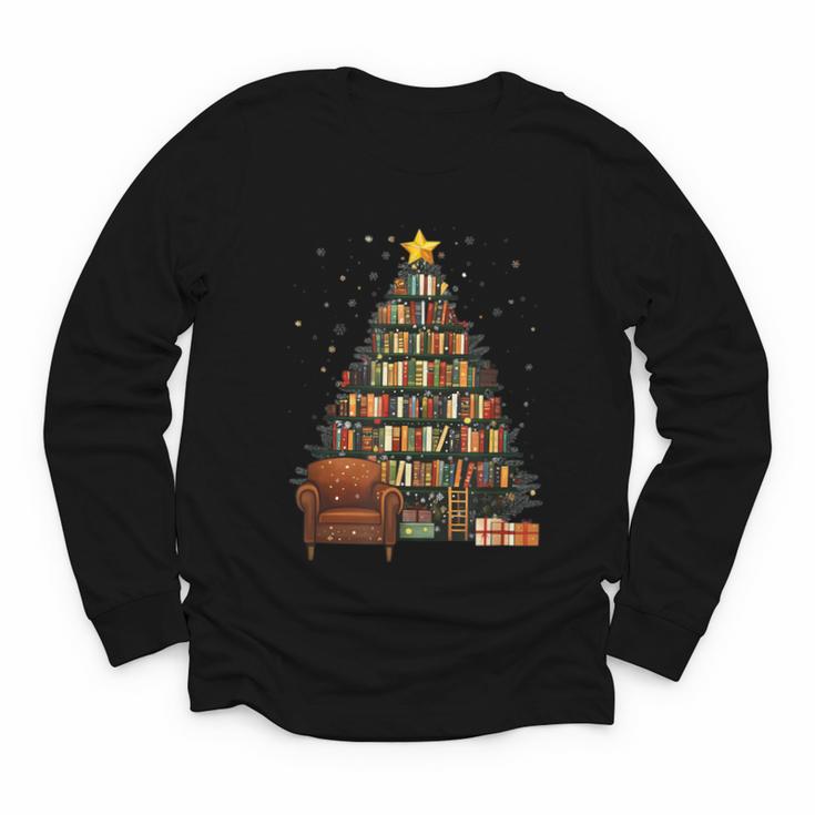 Christmas Tree Bookshelf Book Lover Library Youth Long Sleeve Tee