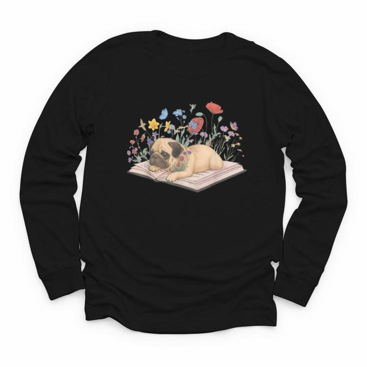 Color Floral Cute Pug Dog On Book Reading Bookworm Reader Youth Long Sleeve Tee