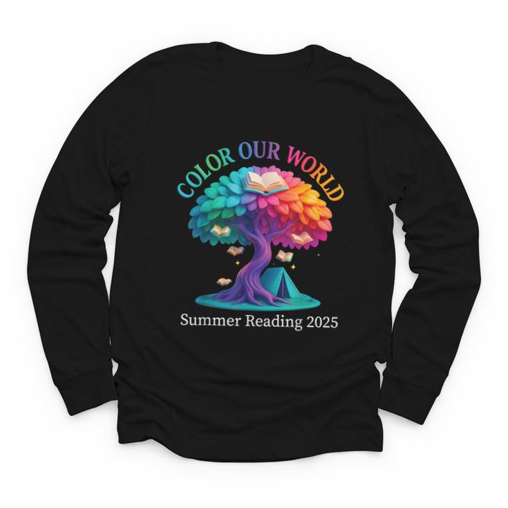 Color Our World Summer Reading 2025 Tree Book Lover Camping Youth Long Sleeve Tee