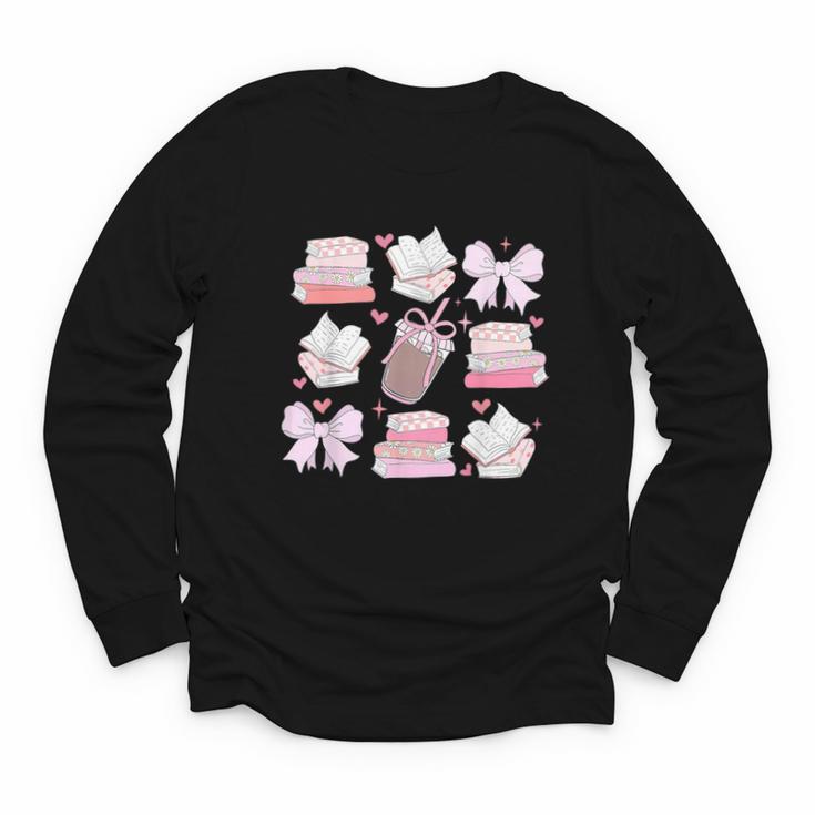 Coquette Bow Book Coffee Valentines Bookish Library Teacher Youth Long Sleeve Tee