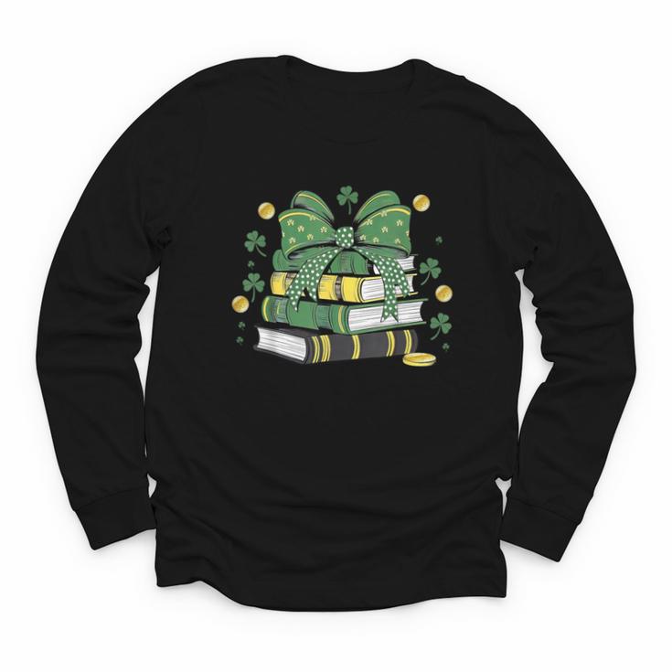 Coquette Bow Books St Patrick's Shamrock Bookworm Librarian Youth Long Sleeve Tee