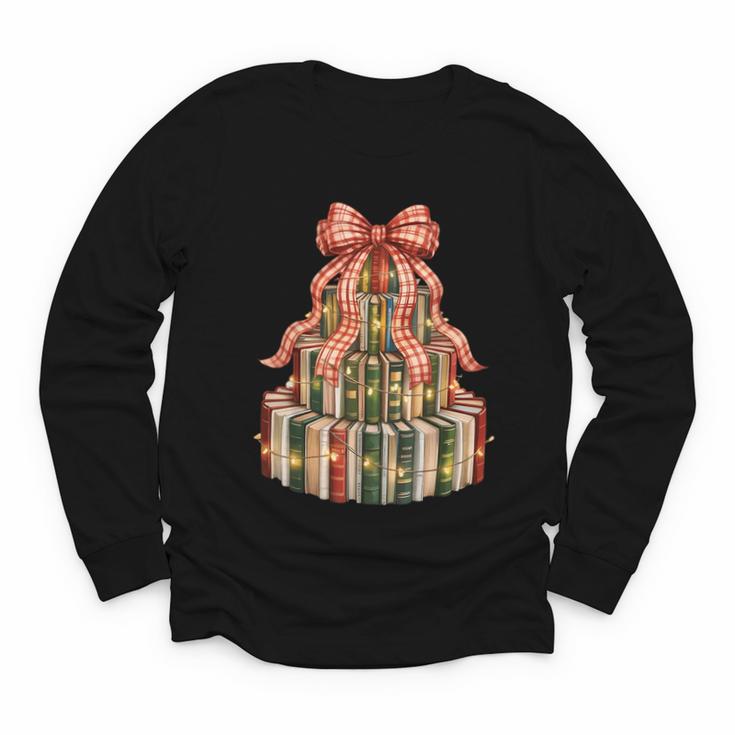 Coquette Christmas Book Tree Xmas Lights Librarian Teacher Youth Long Sleeve Tee