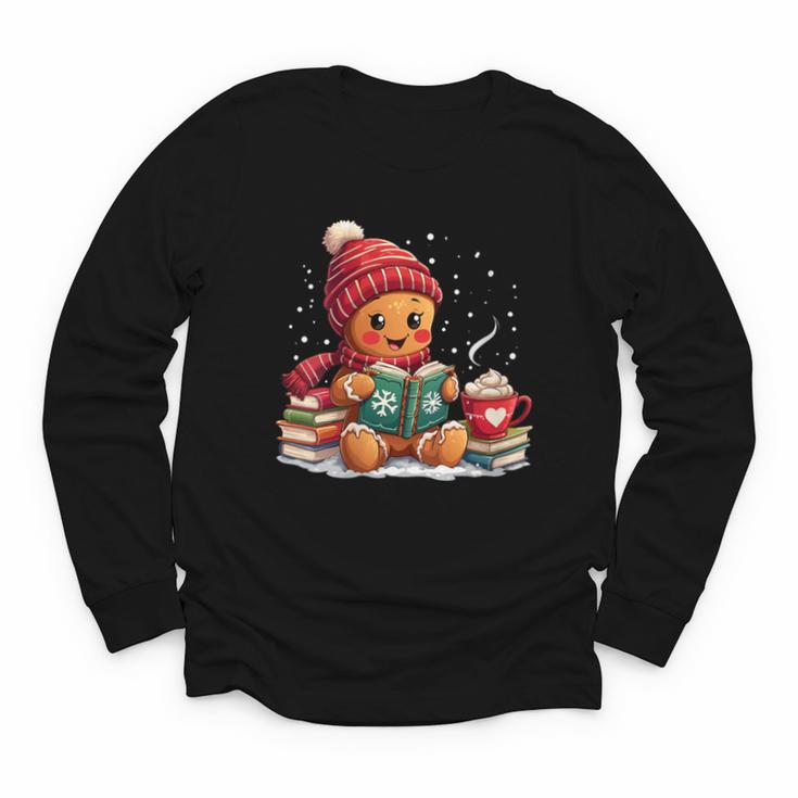Cozy Gingerbread Christmas Reading Book Xmas Snowflakes Fall Youth Long Sleeve Tee