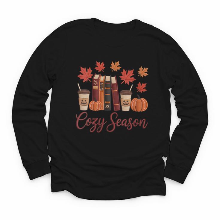 Cozy Season Autumn Leaves Books Pumpkins Fall Halloween Youth Long Sleeve Tee