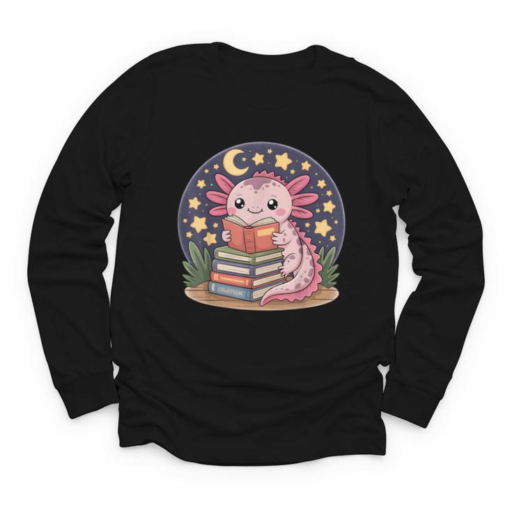 Cute Axolotl Reading Books Cozy Night Aesthetic Youth Long Sleeve Tee