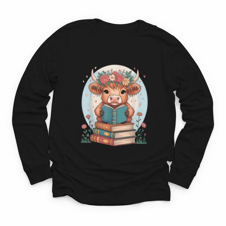 Cute Baby Highland Cow Reading Book Bookworm For Men Women Youth Long Sleeve Tee