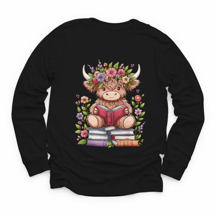 Cute Baby Highland Cow With Reading Book Bookworm Youth Long Sleeve Tee