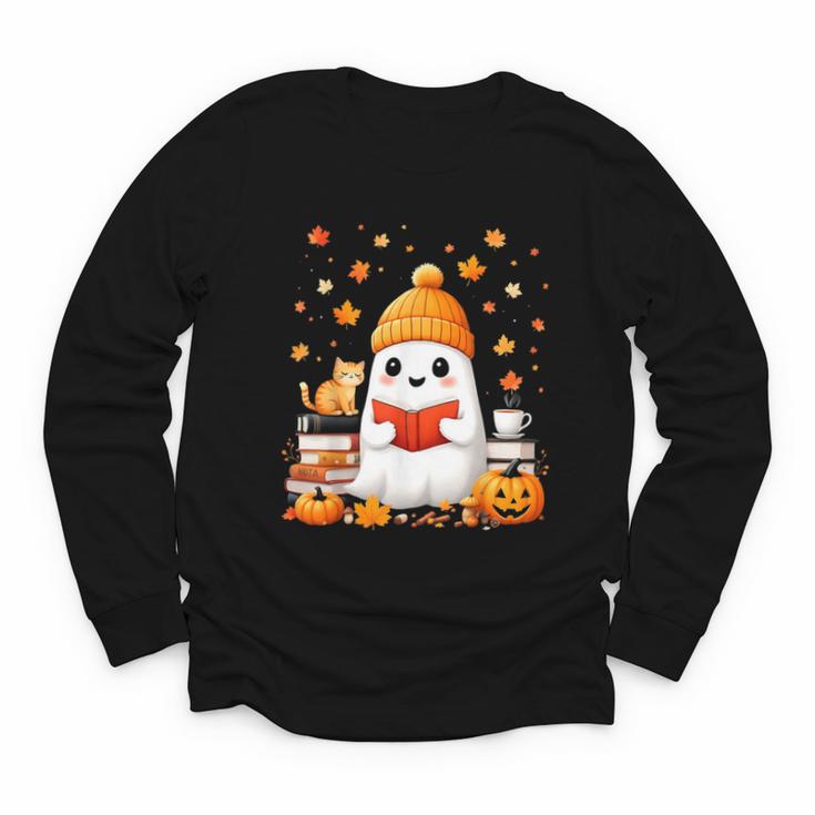 Cute Beanie Ghost Bookworm Cozy Book Reading Halloween Youth Long Sleeve Tee