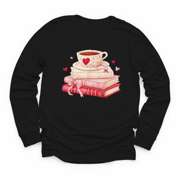 Cute Books And Coffee Crochet Valentines Day Tee For Couples Youth Long Sleeve Tee