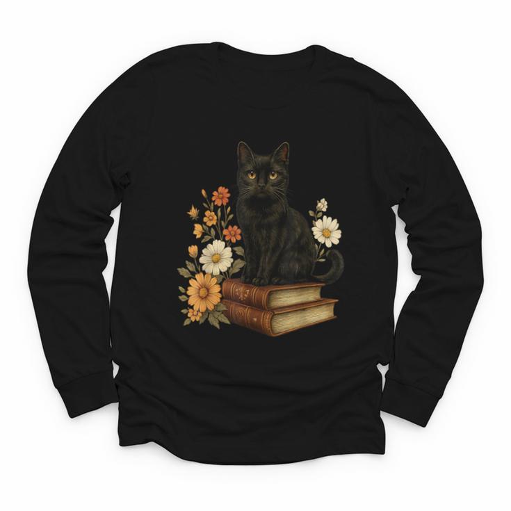Cute Cat Book Flowers Youth Long Sleeve Tee