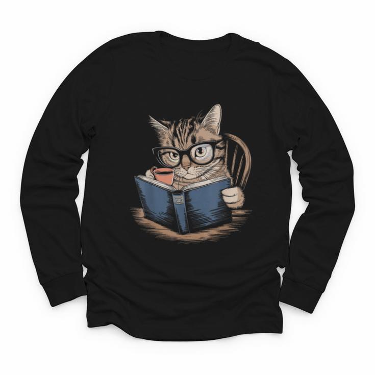 Cute Cat Reading Books With Tea Youth Long Sleeve Tee