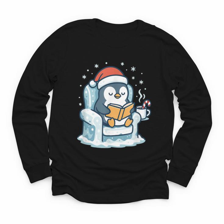 Cute Christmas Penguin Reading Book Cozy Winter Holiday Art Youth Long Sleeve Tee