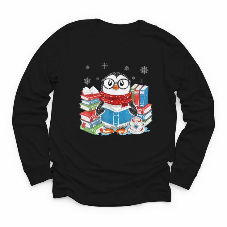 Cute Christmas A Penguin Reading Book Snowflake Hot Teacher Youth Long Sleeve Tee