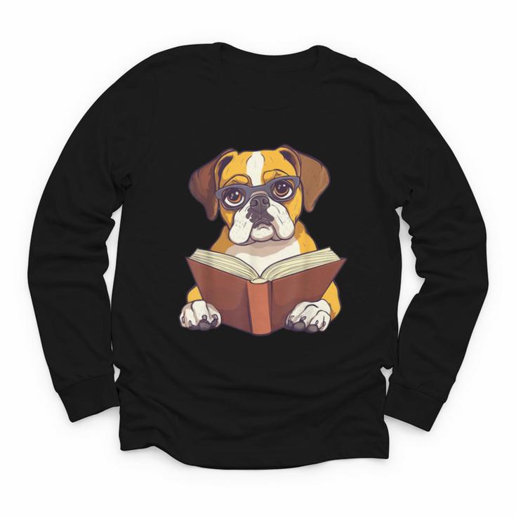 Cute Dog Boxer Reading Book Youth Long Sleeve Tee