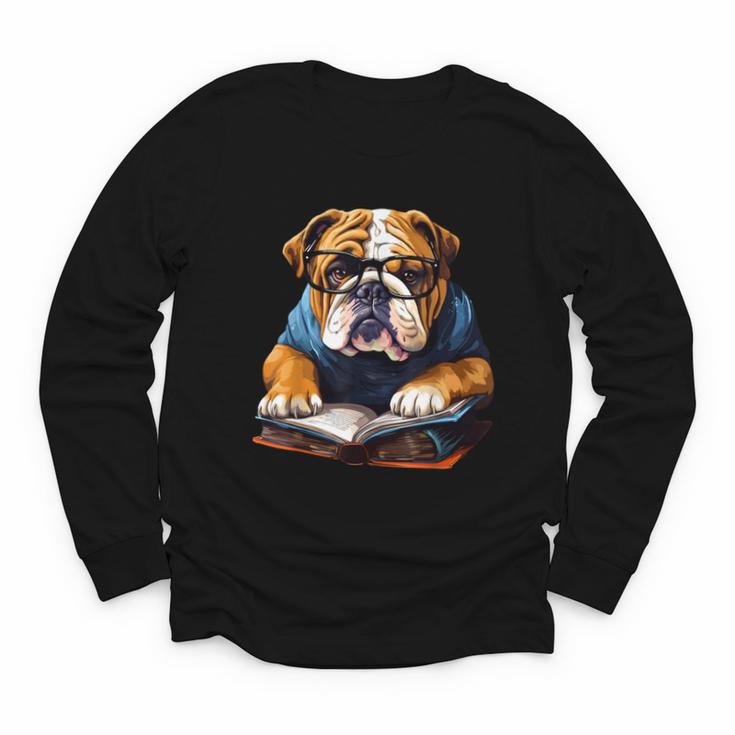 Cute Dog English Bulldog Reading Book Youth Long Sleeve Tee