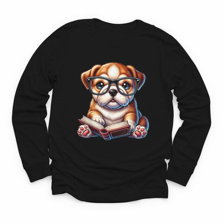 Cute Dog Puppy English Bulldog Reading Book Youth Long Sleeve Tee
