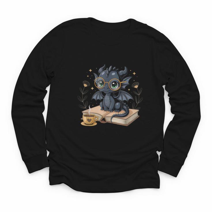 Cute Dragon Books Flower Bookworm Book Lover Youth Long Sleeve Tee