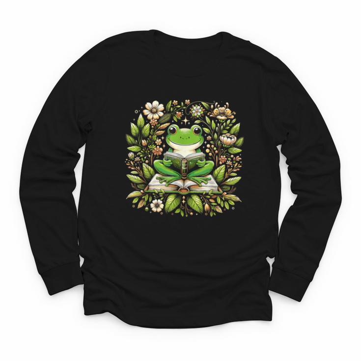 Cute Floral Frog Book Reading Youth Long Sleeve Tee