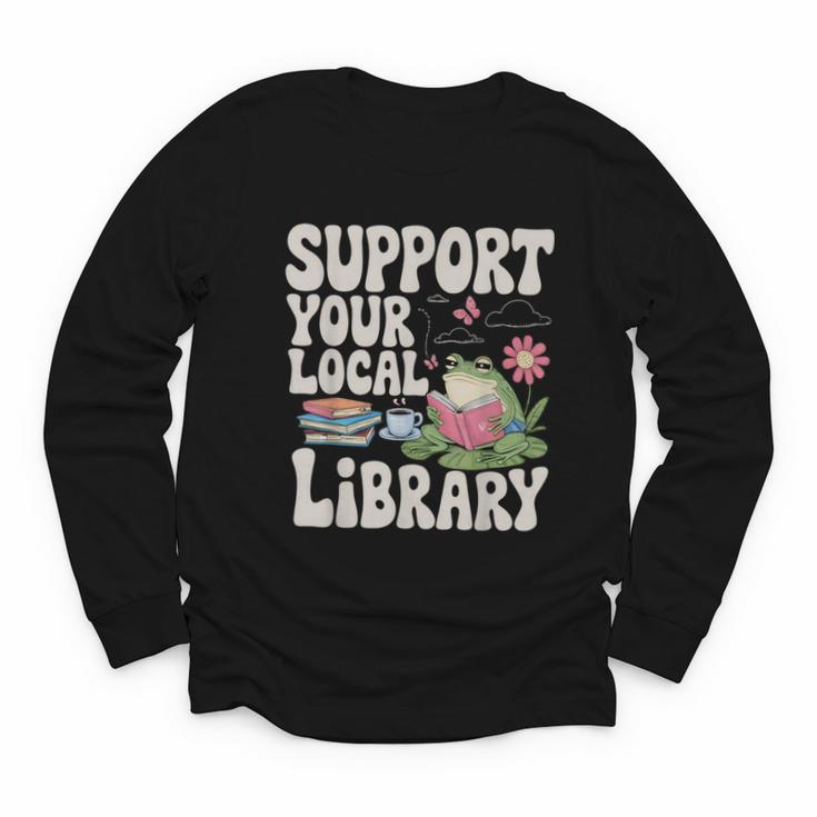 Cute Frog Support Your Local Library Librarian Book Lover Youth Long Sleeve Tee