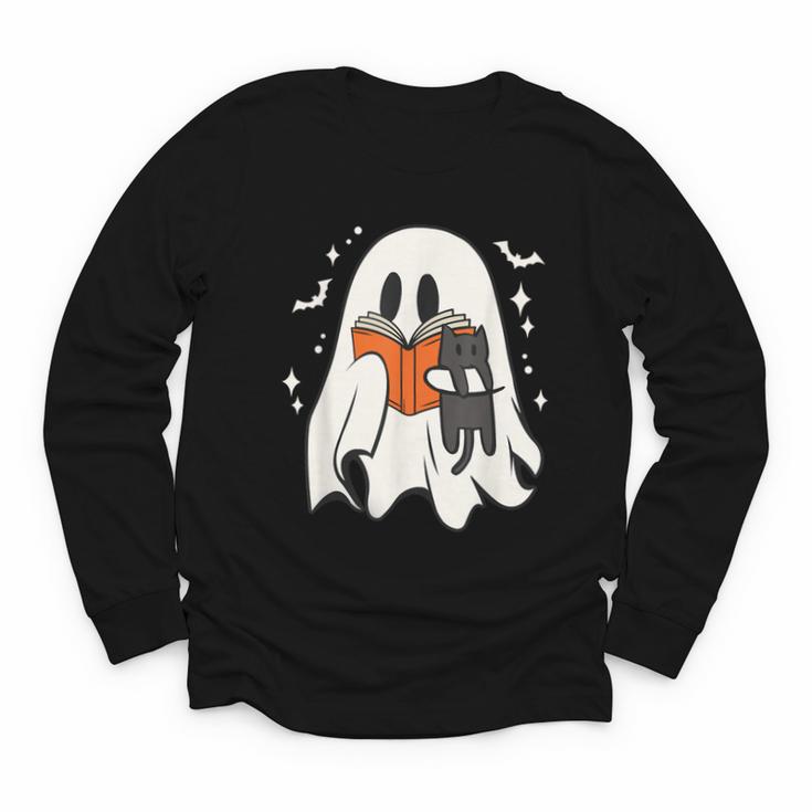 Cute Ghost Reading Book Spooky Season Halloween Costume Kids Youth Long Sleeve Tee