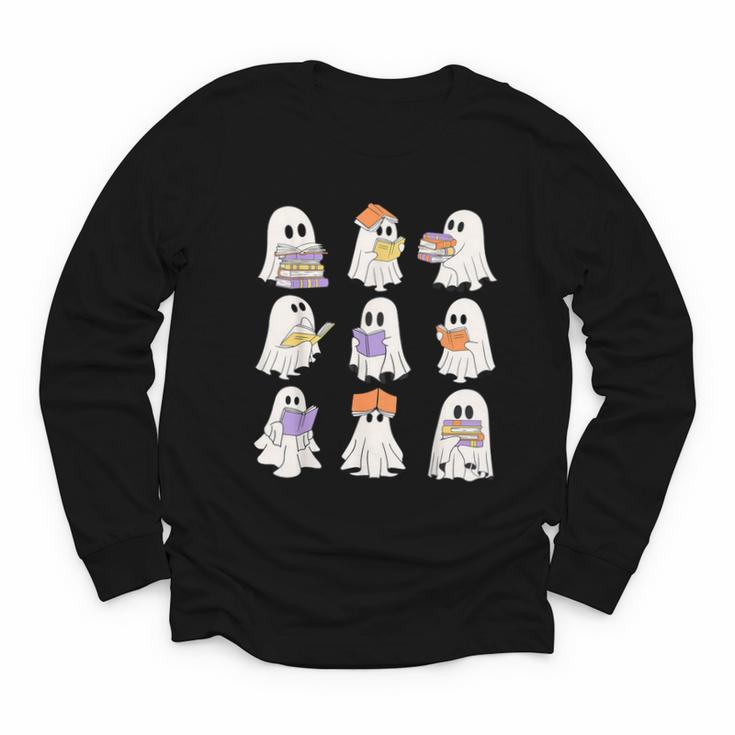 Cute Ghost Reading Books Teacher Halloween Reading Men Women Kids Youth Long Sleeve Tee