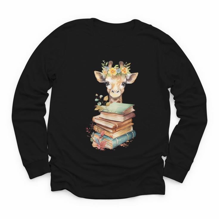 Cute Giraffe With Book Floral Bookworm Librarian Book Lover Youth Long Sleeve Tee