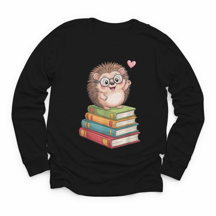 Cute Hedgehog Reading Books Animal Lover Reader Bookworm Youth Long Sleeve Tee