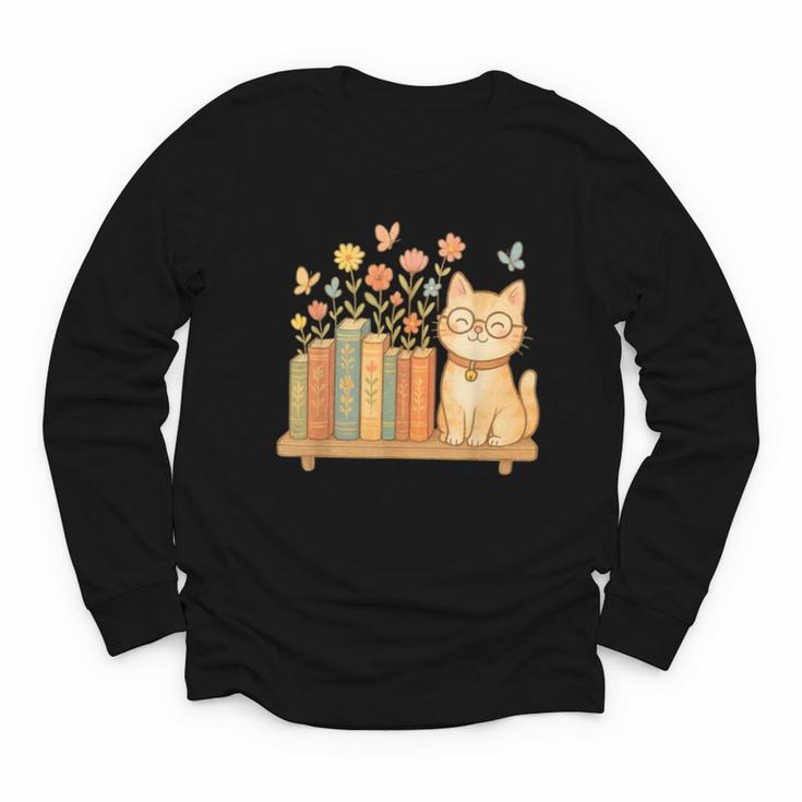Cute Kawaii Cat Books Flowers Youth Long Sleeve Tee