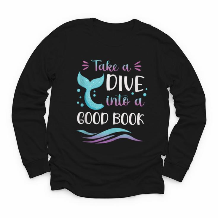 Cute Mermaid Librarian Teacher Dive Into A Good Book Reading Youth Long Sleeve Tee