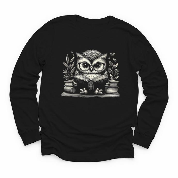 Cute Owl Reading Book Graphic Art Youth Long Sleeve Tee