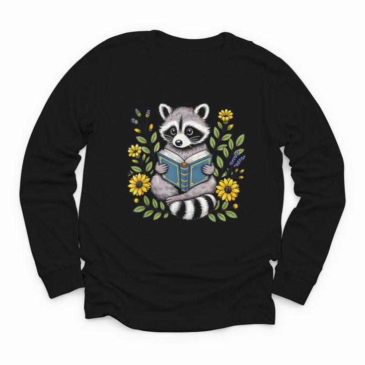 Cute Raccoon Reading Book Flowers Youth Long Sleeve Tee