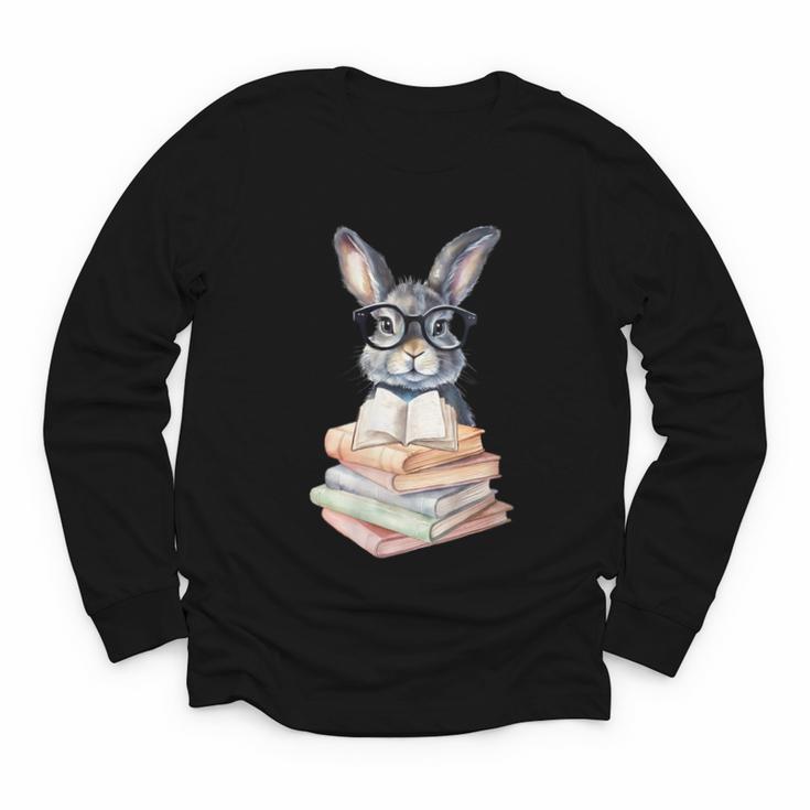 Cute Reading Bunny With Glasses Books Reader Book Bookworm Youth Long Sleeve Tee