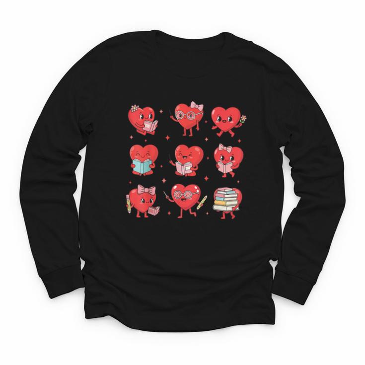Cute Reading Hearts Valentine Day Book Lover Teacher Student Youth Long Sleeve Tee