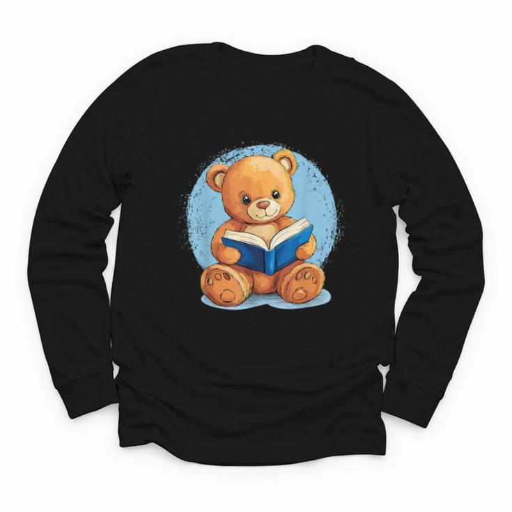 Cute Teddy Bear Reading Book Fun Youth Long Sleeve Tee