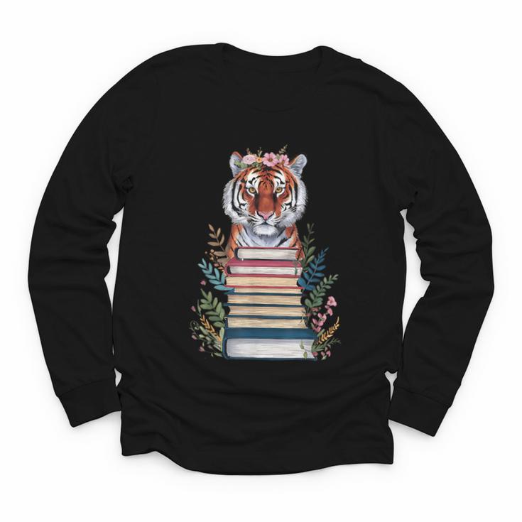 Cute Tiger With Book Floral Bookworm Librarian Book Lover Youth Long Sleeve Tee