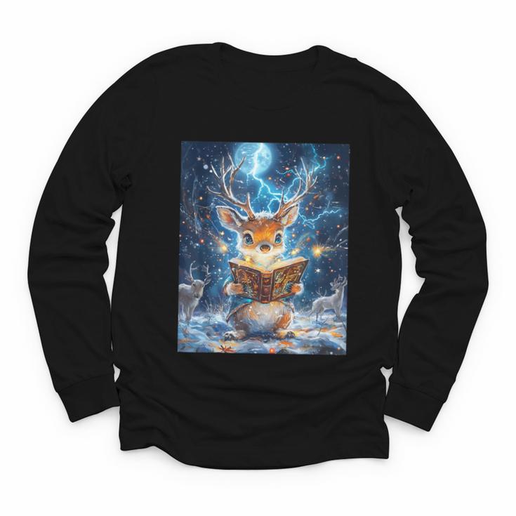 Deer Reads Book Women Girls Reindeer Youth Long Sleeve Tee