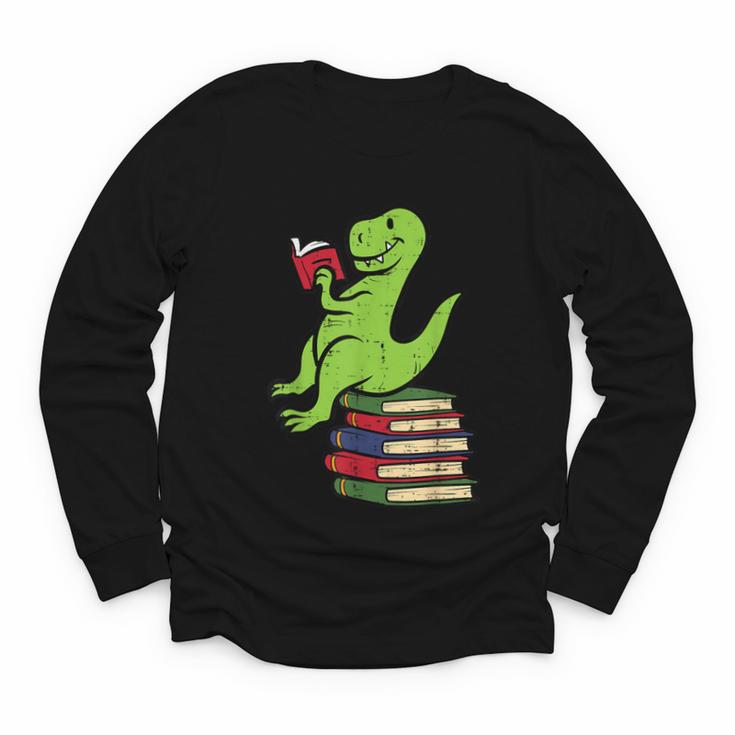 Dino Reading Read Reading Librarian Book Men Boys Kids Youth Long Sleeve Tee
