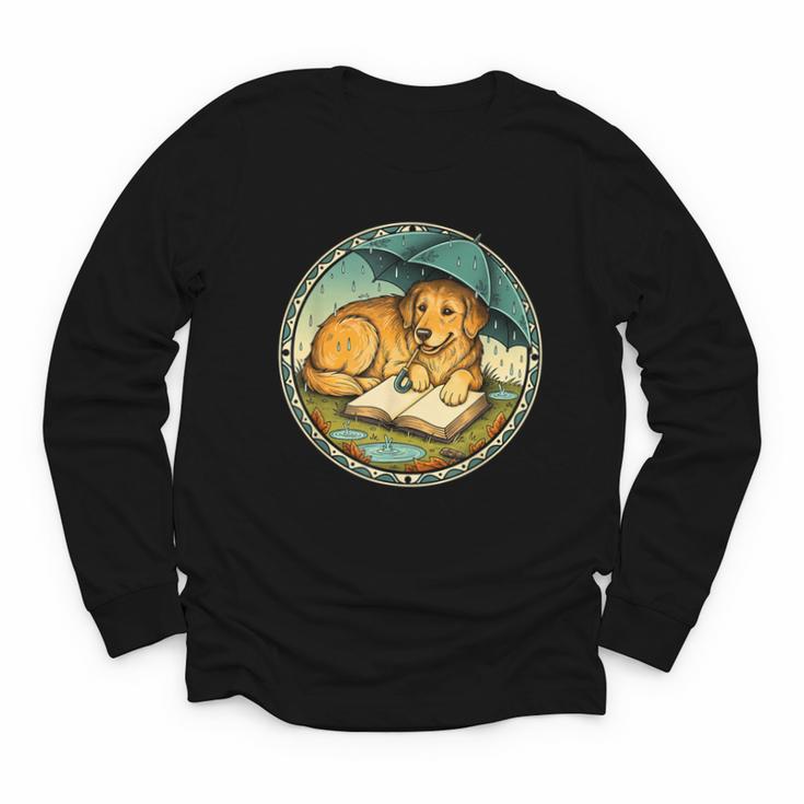 Dog Reading Book Rain Cozy Umbrella Cute Art Men Youth Long Sleeve Tee