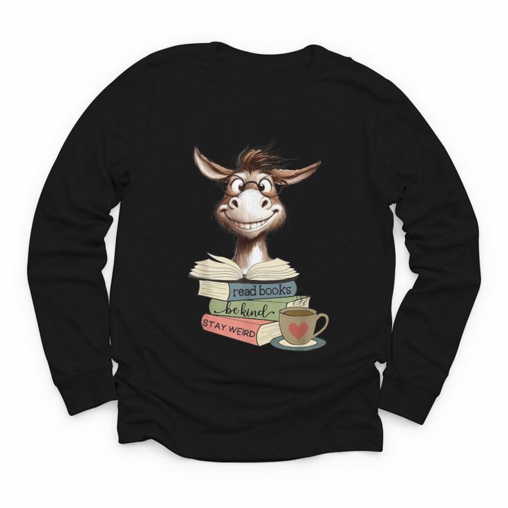 Donkey Reading Book Read Books Be Kind Stay Weird Librarian Youth Long Sleeve Tee