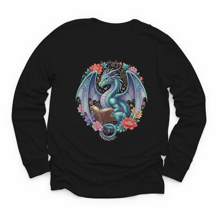 Dragon Reading Book Girls Kids Bookworm Book Lover Youth Long Sleeve Tee