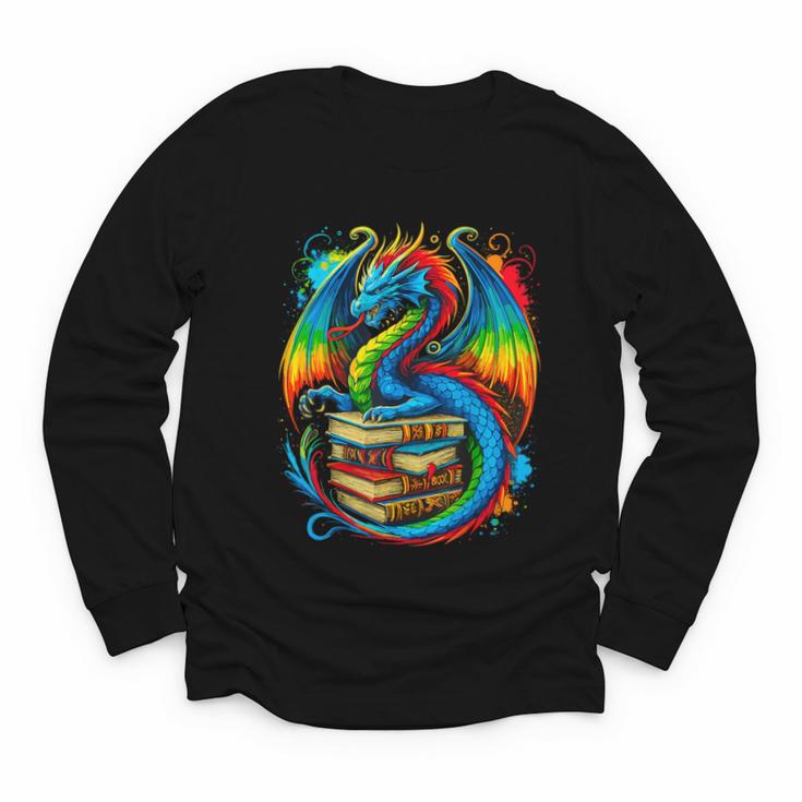 Dragon Reading Colorful Fantasy Book Lover Youth Long Sleeve Tee
