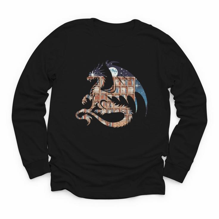 Dragon Silhouette Books Librarian Bookworm Women Men Kids Youth Long Sleeve Tee