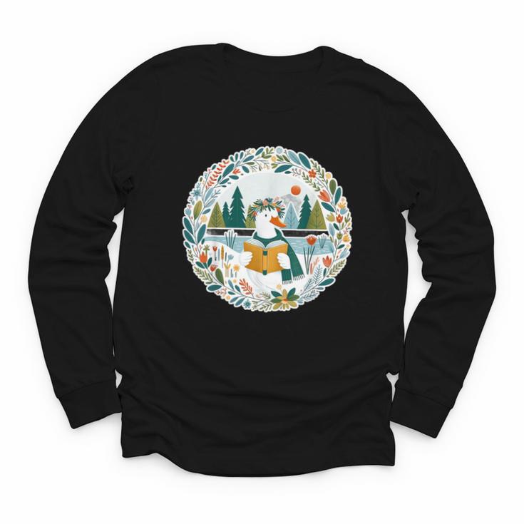 Duck Wilderness Book Reading Illustration Floral Youth Long Sleeve Tee