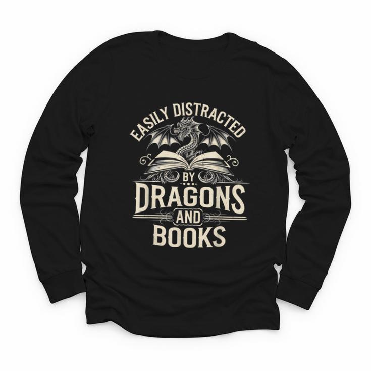 Easily Distracted By Books & Dragons Bookworm Reading Youth Long Sleeve Tee