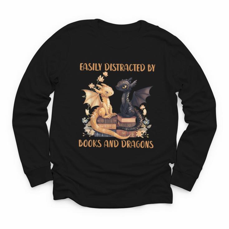 Easily Distracted By Books & Dragons Librarian Book Lover Youth Long Sleeve Tee