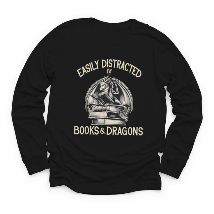 Easily Distracted By Books And Dragons Book Dragon Lover Youth Long Sleeve Tee