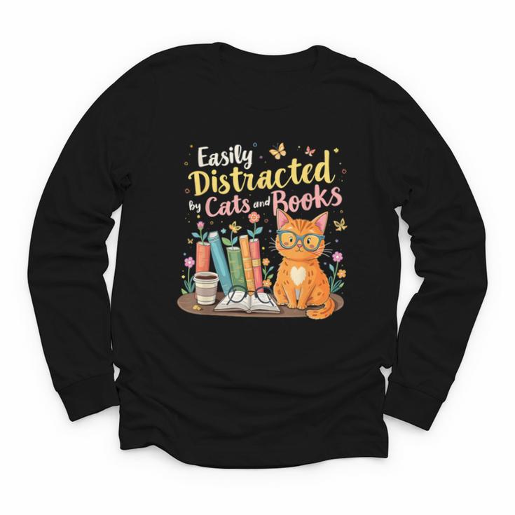 Easily Distracted By Cats And Books Book & Cat Lover Youth Long Sleeve Tee