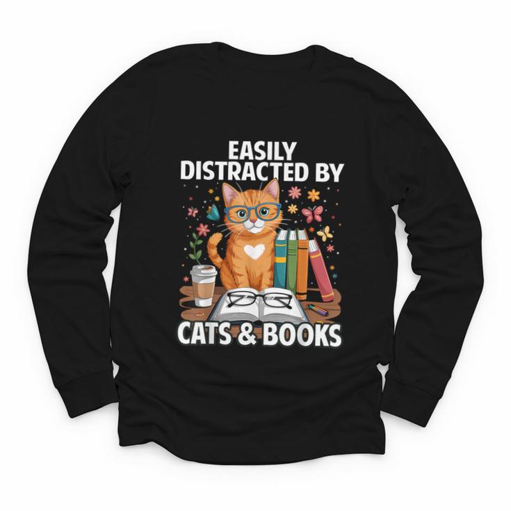 Easily Distracted By Cats And Books Book Lover Cat Youth Long Sleeve Tee